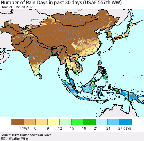 Asia Number of Rain Days in past 30 days (USAF 557th WW) 12/20/2022 Thematic Map For 12/16/2022 - 12/20/2022