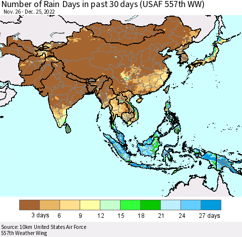 Asia Number of Rain Days in past 30 days (USAF 557th WW) 12/25/2022 Thematic Map For 12/21/2022 - 12/25/2022