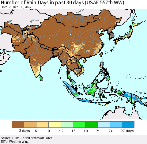 Asia Number of Rain Days in past 30 days (USAF 557th WW) 12/31/2022 Thematic Map For 12/26/2022 - 12/31/2022