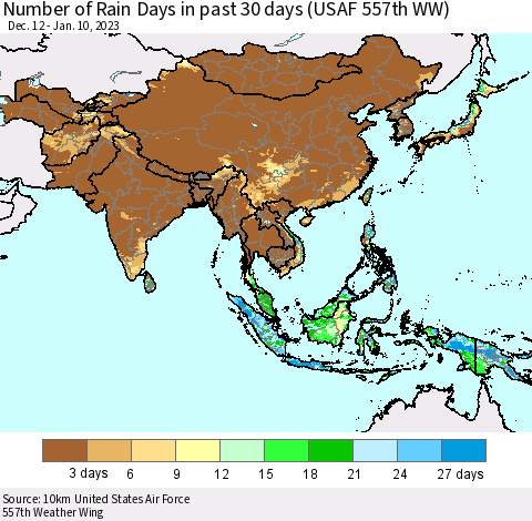 Asia Number of Rain Days in past 30 days (USAF 557th WW) 01/10/2023 Thematic Map For 1/6/2023 - 1/10/2023