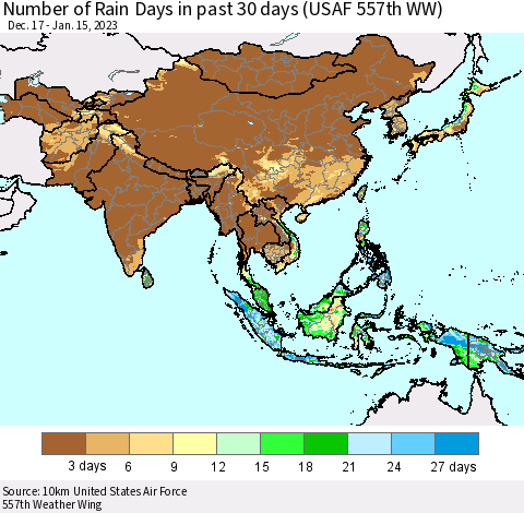 Asia Number of Rain Days in past 30 days (USAF 557th WW) 01/15/2023 Thematic Map For 1/11/2023 - 1/15/2023