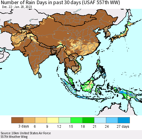Asia Number of Rain Days in past 30 days (USAF 557th WW) 01/20/2023 Thematic Map For 1/16/2023 - 1/20/2023