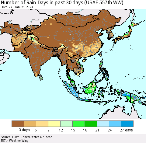 Asia Number of Rain Days in past 30 days (USAF 557th WW) 01/25/2023 Thematic Map For 1/21/2023 - 1/25/2023