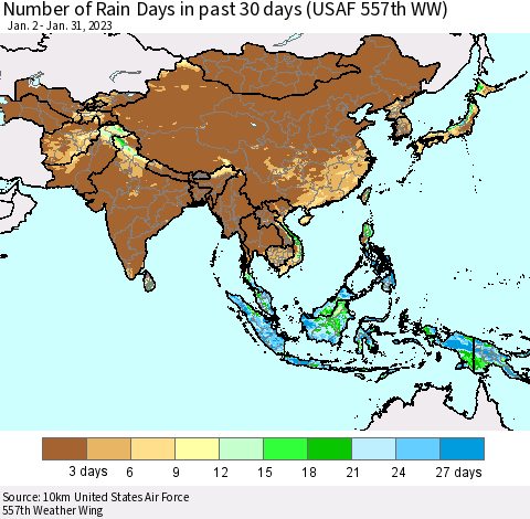 Asia Number of Rain Days in past 30 days (USAF 557th WW) 01/31/2023 Thematic Map For 1/26/2023 - 1/31/2023