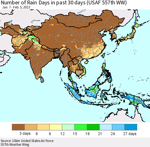 Asia Number of Rain Days in past 30 days (USAF 557th WW) 02/05/2023 Thematic Map For 2/1/2023 - 2/5/2023