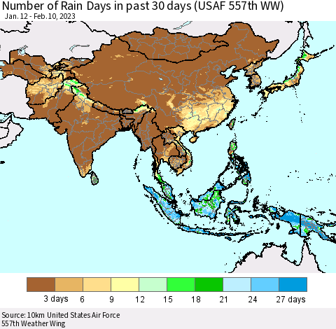Asia Number of Rain Days in past 30 days (USAF 557th WW) 02/10/2023 Thematic Map For 2/6/2023 - 2/10/2023