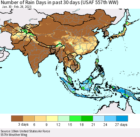 Asia Number of Rain Days in past 30 days (USAF 557th WW) 02/28/2023 Thematic Map For 2/26/2023 - 2/28/2023