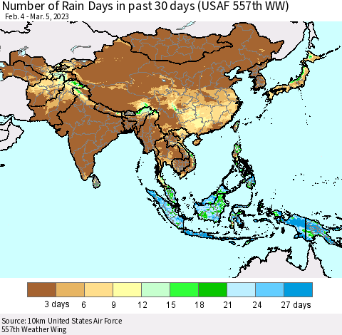 Asia Number of Rain Days in past 30 days (USAF 557th WW) 03/05/2023 Thematic Map For 3/1/2023 - 3/5/2023
