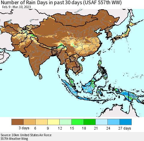 Asia Number of Rain Days in past 30 days (USAF 557th WW) Thematic Map For 3/6/2023 - 3/10/2023