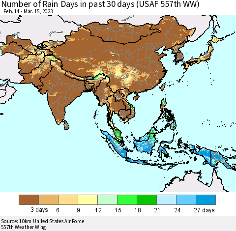Asia Number of Rain Days in past 30 days (USAF 557th WW) 03/15/2023 Thematic Map For 3/11/2023 - 3/15/2023
