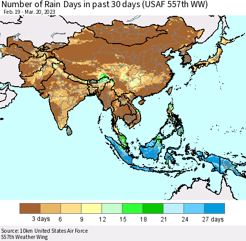 Asia Number of Rain Days in past 30 days (USAF 557th WW) 03/20/2023 Thematic Map For 3/16/2023 - 3/20/2023