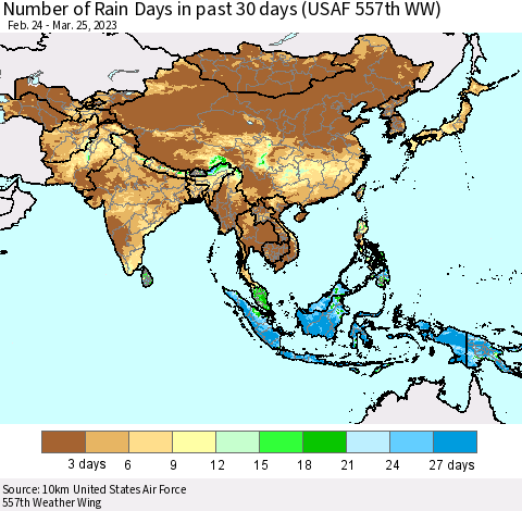 Asia Number of Rain Days in past 30 days (USAF 557th WW) 03/25/2023 Thematic Map For 3/21/2023 - 3/25/2023