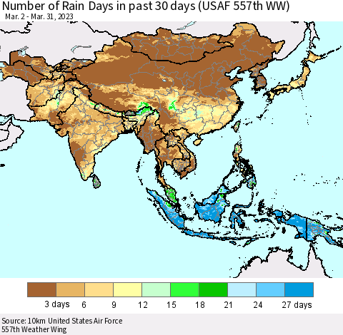 Asia Number of Rain Days in past 30 days (USAF 557th WW) 03/31/2023 Thematic Map For 3/26/2023 - 3/31/2023