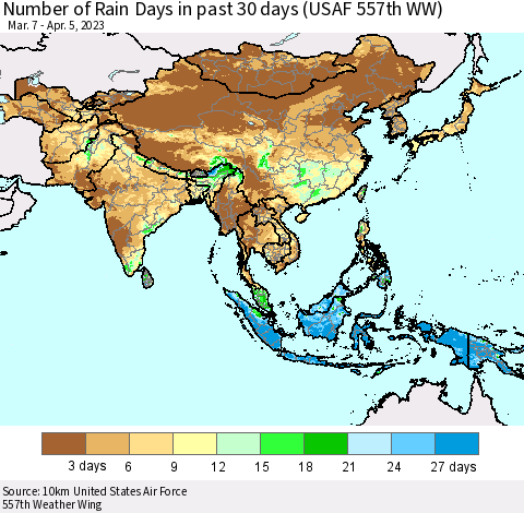 Asia Number of Rain Days in past 30 days (USAF 557th WW) 04/05/2023 Thematic Map For 4/1/2023 - 4/5/2023