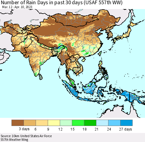 Asia Number of Rain Days in past 30 days (USAF 557th WW) 04/10/2023 Thematic Map For 4/6/2023 - 4/10/2023