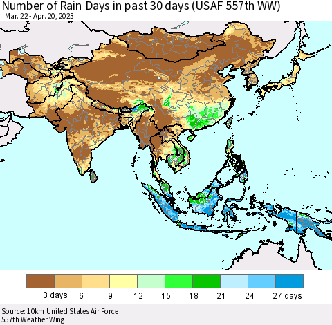 Asia Number of Rain Days in past 30 days (USAF 557th WW) 04/20/2023 Thematic Map For 4/16/2023 - 4/20/2023