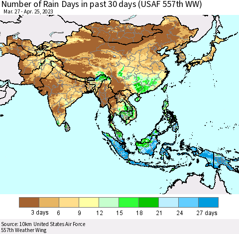 Asia Number of Rain Days in past 30 days (USAF 557th WW) 04/25/2023 Thematic Map For 4/21/2023 - 4/25/2023
