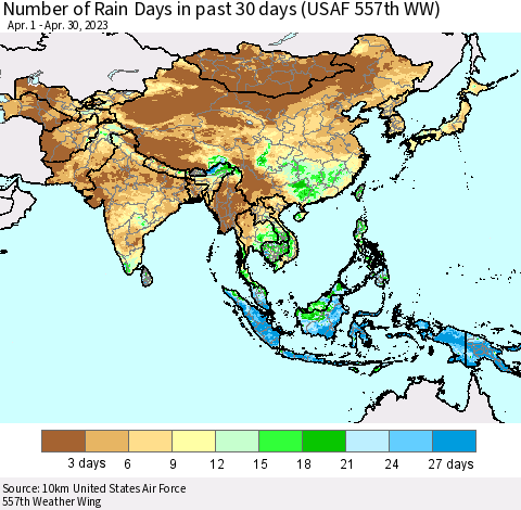 Asia Number of Rain Days in past 30 days (USAF 557th WW) 04/30/2023 Thematic Map For 4/26/2023 - 4/30/2023