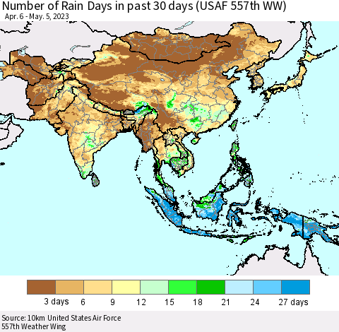 Asia Number of Rain Days in past 30 days (USAF 557th WW) 05/05/2023 Thematic Map For 5/1/2023 - 5/5/2023