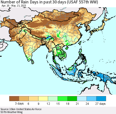 Asia Number of Rain Days in past 30 days (USAF 557th WW) 05/15/2023 Thematic Map For 5/11/2023 - 5/15/2023