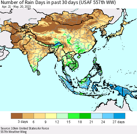 Asia Number of Rain Days in past 30 days (USAF 557th WW) 05/20/2023 Thematic Map For 5/16/2023 - 5/20/2023