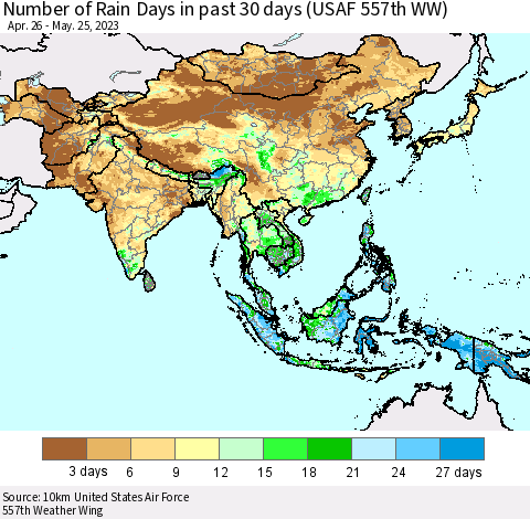Asia Number of Rain Days in past 30 days (USAF 557th WW) Thematic Map For 5/21/2023 - 5/25/2023