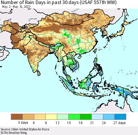 Asia Number of Rain Days in past 30 days (USAF 557th WW) 05/31/2023 Thematic Map For 5/26/2023 - 5/31/2023
