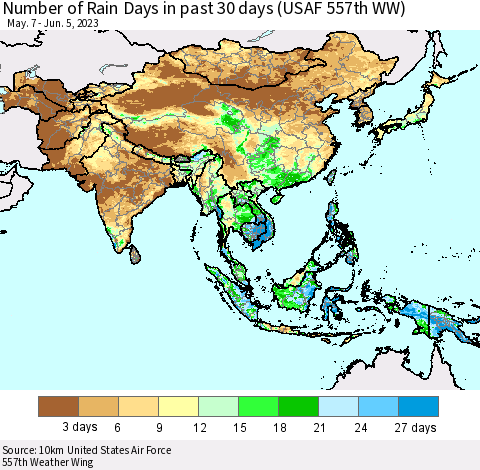 Asia Number of Rain Days in past 30 days (USAF 557th WW) Thematic Map For 6/1/2023 - 6/5/2023