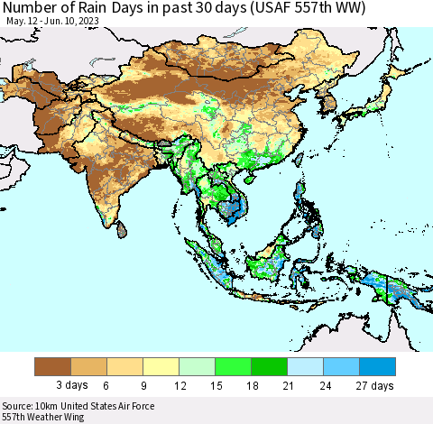 Asia Number of Rain Days in past 30 days (USAF 557th WW) Thematic Map For 6/6/2023 - 6/10/2023
