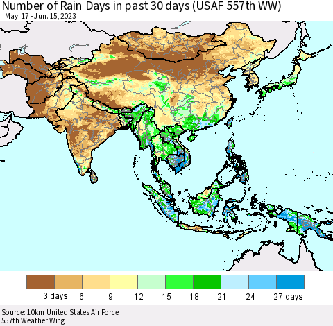 Asia Number of Rain Days in past 30 days (USAF 557th WW) 06/15/2023 Thematic Map For 6/11/2023 - 6/15/2023