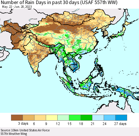 Asia Number of Rain Days in past 30 days (USAF 557th WW) Thematic Map For 6/16/2023 - 6/20/2023
