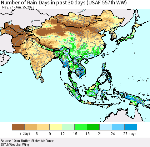 Asia Number of Rain Days in past 30 days (USAF 557th WW) 06/25/2023 Thematic Map For 6/21/2023 - 6/25/2023