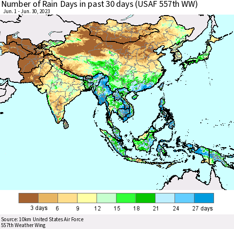 Asia Number of Rain Days in past 30 days (USAF 557th WW) 06/30/2023 Thematic Map For 6/26/2023 - 6/30/2023