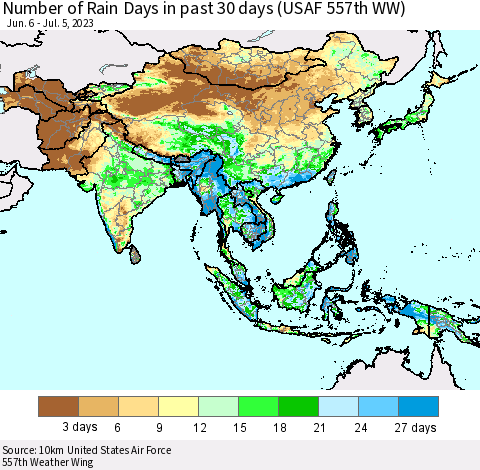 Asia Number of Rain Days in past 30 days (USAF 557th WW) 07/05/2023 Thematic Map For 7/1/2023 - 7/5/2023