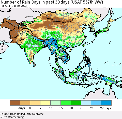 Asia Number of Rain Days in past 30 days (USAF 557th WW) 07/10/2023 Thematic Map For 7/6/2023 - 7/10/2023