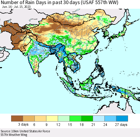Asia Number of Rain Days in past 30 days (USAF 557th WW) 07/15/2023 Thematic Map For 7/11/2023 - 7/15/2023
