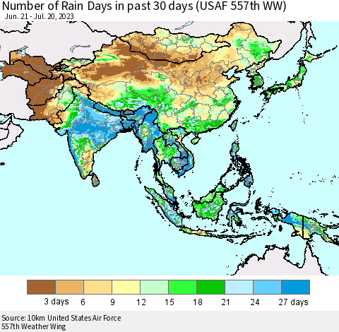 Asia Number of Rain Days in past 30 days (USAF 557th WW) 07/20/2023 Thematic Map For 7/16/2023 - 7/20/2023