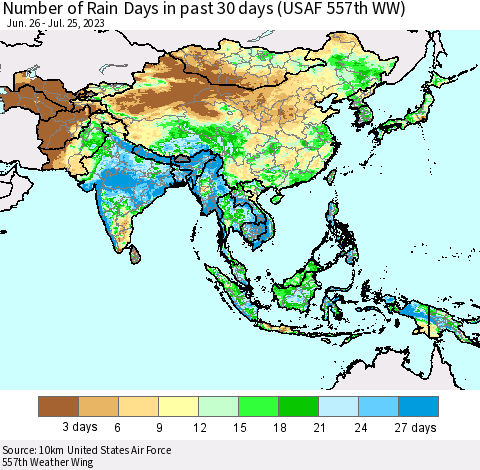 Asia Number of Rain Days in past 30 days (USAF 557th WW) 07/25/2023 Thematic Map For 7/21/2023 - 7/25/2023