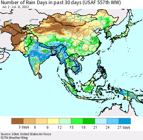 Asia Number of Rain Days in past 30 days (USAF 557th WW) 07/31/2023 Thematic Map For 7/26/2023 - 7/31/2023