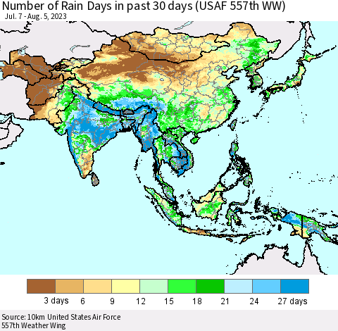 Asia Number of Rain Days in past 30 days (USAF 557th WW) Thematic Map For 8/1/2023 - 8/5/2023