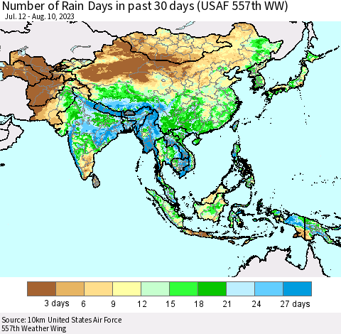 Asia Number of Rain Days in past 30 days (USAF 557th WW) 08/10/2023 Thematic Map For 8/6/2023 - 8/10/2023