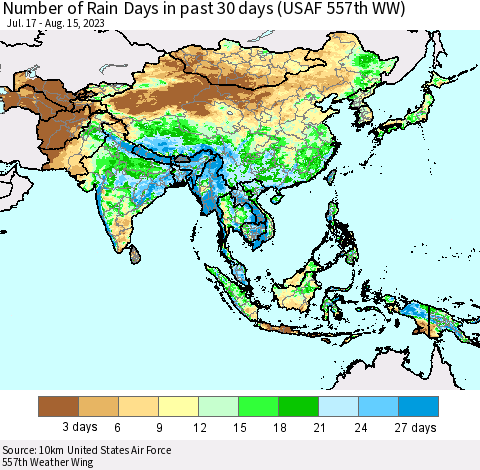 Asia Number of Rain Days in past 30 days (USAF 557th WW) 08/15/2023 Thematic Map For 8/11/2023 - 8/15/2023