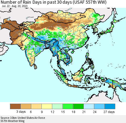 Asia Number of Rain Days in past 30 days (USAF 557th WW) 08/20/2023 Thematic Map For 8/16/2023 - 8/20/2023