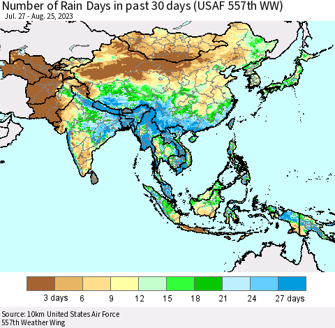 Asia Number of Rain Days in past 30 days (USAF 557th WW) 08/25/2023 Thematic Map For 8/21/2023 - 8/25/2023