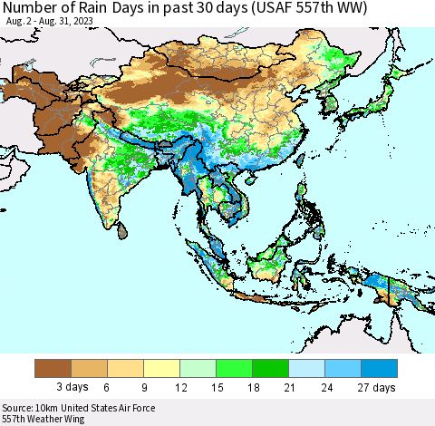 Asia Number of Rain Days in past 30 days (USAF 557th WW) 08/31/2023 Thematic Map For 8/26/2023 - 8/31/2023