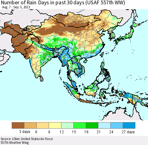 Asia Number of Rain Days in past 30 days (USAF 557th WW) 09/05/2023 Thematic Map For 9/1/2023 - 9/5/2023