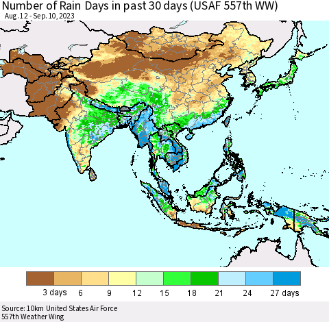 Asia Number of Rain Days in past 30 days (USAF 557th WW) 09/10/2023 Thematic Map For 9/6/2023 - 9/10/2023