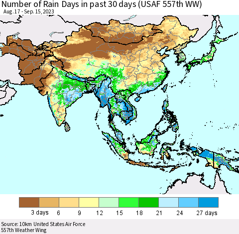 Asia Number of Rain Days in past 30 days (USAF 557th WW) 09/15/2023 Thematic Map For 9/11/2023 - 9/15/2023