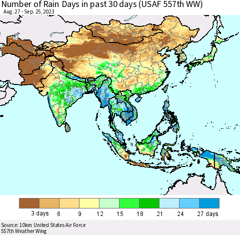 Asia Number of Rain Days in past 30 days (USAF 557th WW) 09/25/2023 Thematic Map For 9/21/2023 - 9/25/2023