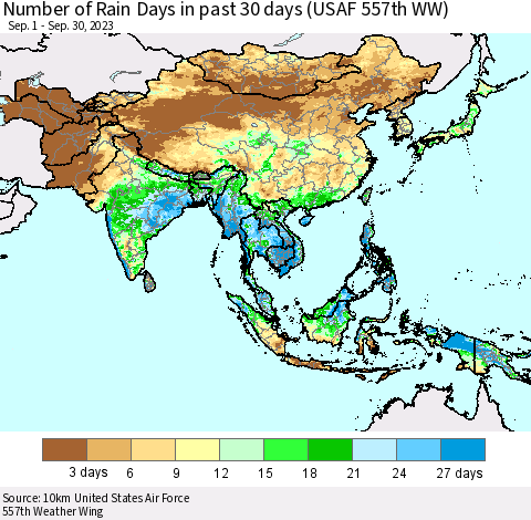 Asia Number of Rain Days in past 30 days (USAF 557th WW) 09/30/2023 Thematic Map For 9/26/2023 - 9/30/2023